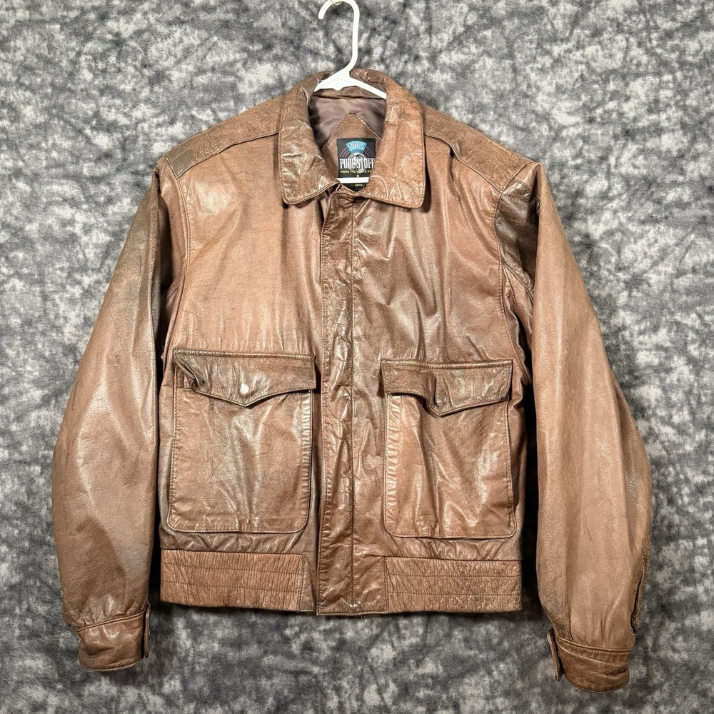 Vintage Pure Stuff Brown Leather Bomber Jacket Mens Small 90s Genuine Leather